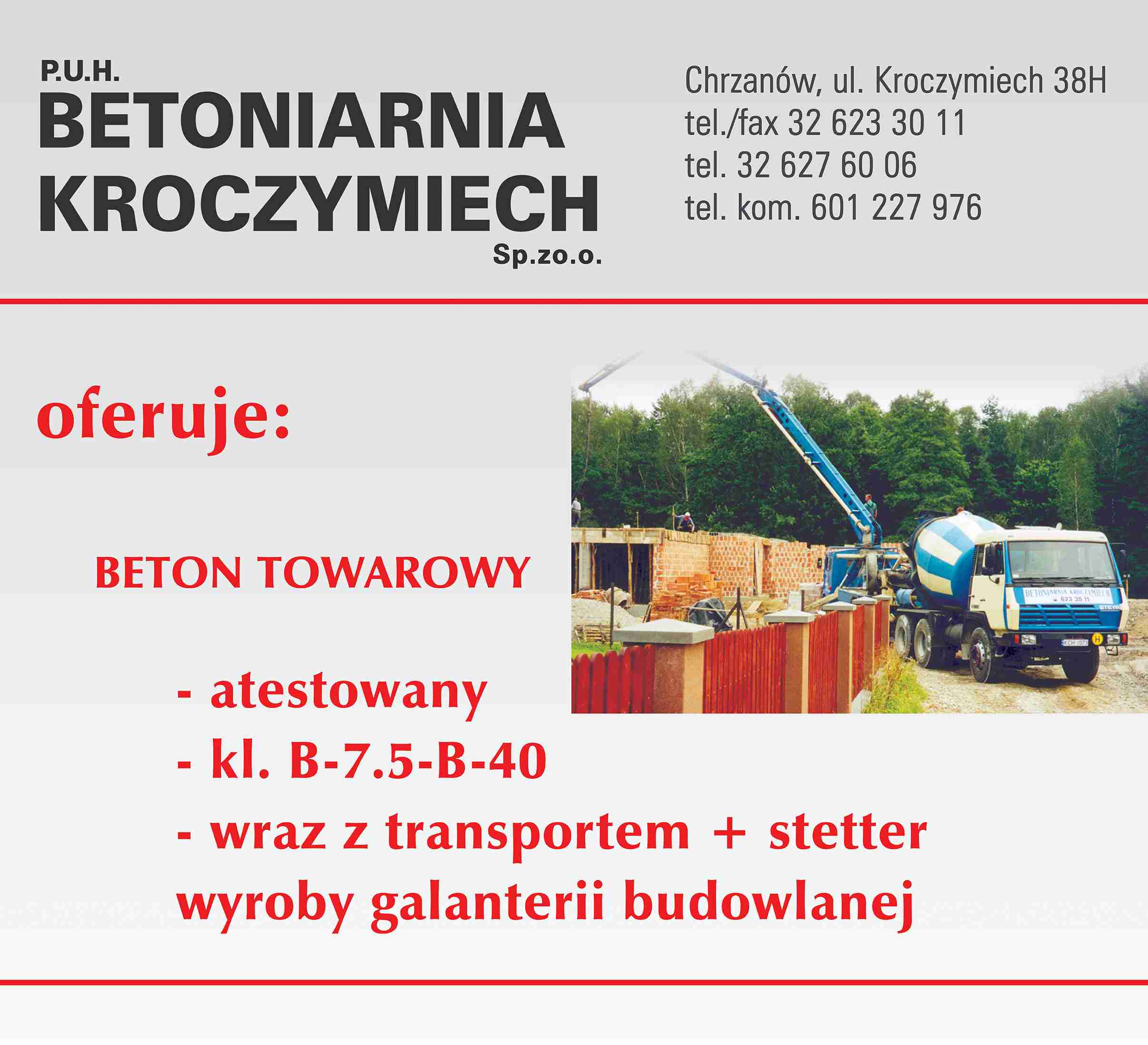 "BETONIARNIA KROCZYMIECH" Sp. z o.o. - beton towarowy CHRZANÓW beton CHRZANÓW